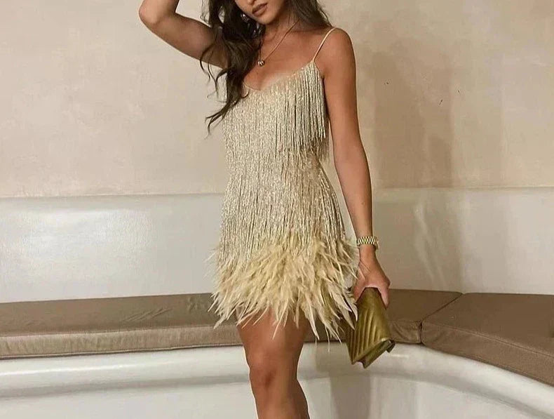 Sequin Spaghetti Strap Deep V-Neck Tiered Cocktail Mini Dress - View 9