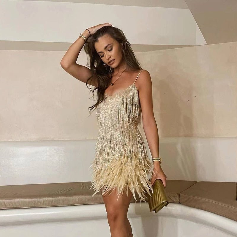 Fringe Tassel Feather Hem Spaghetti Strap V-Neck Mini Party Dress - View 10