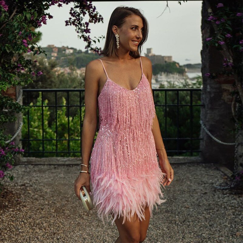 Fringe Tassel Feather Hem Spaghetti Strap V-Neck Mini Party Dress - View 4