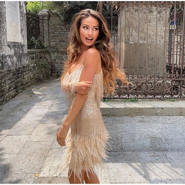 Spaghetti Strap V-Neck Layered Fringe Feather Hem Cocktail Mini Dress - View 3