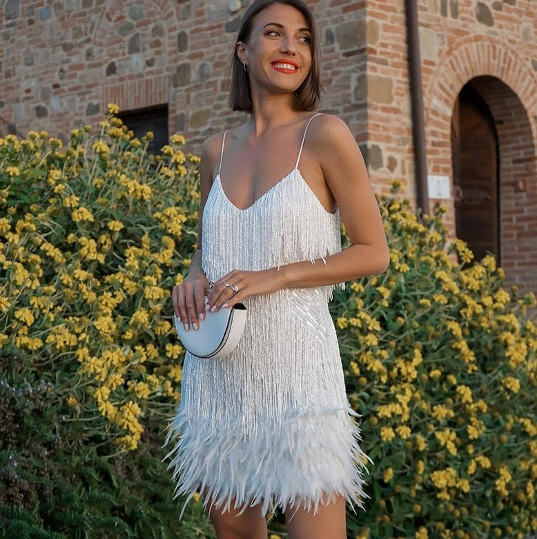 Spaghetti Strap V-Neck Tassel Fringe Feather Hem Mini Cocktail Dress - View 8