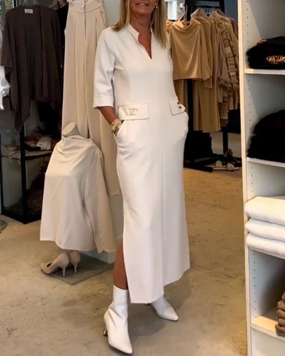 Deep V-Neck Mandarin Collar Three Quarter Sleeve Maxi Dress - View 2