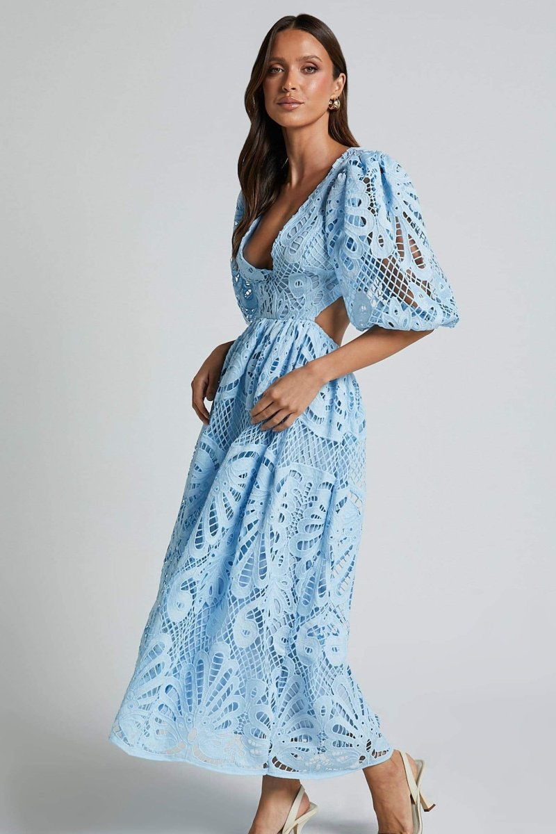 Deep V-Neck Puff Sleeve Eyelet Lace Cut Out Waist Maxi Dress - View 12