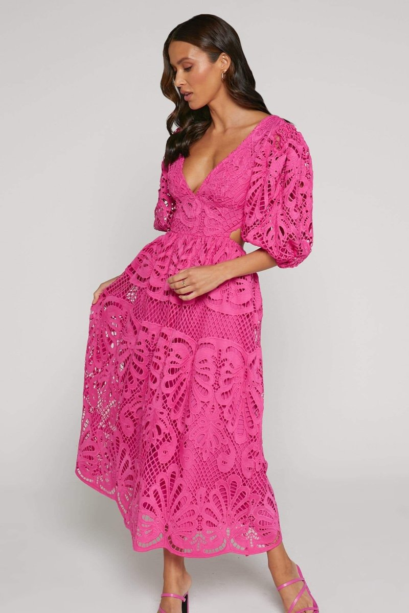 Deep V-Neck Puff Sleeve Eyelet Lace Cut Out Waist Maxi Dress - View 8