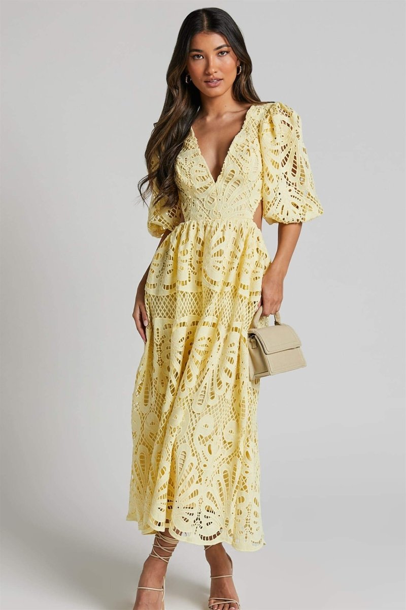 Deep V-Neck Puff Sleeve Eyelet Lace Cut Out Waist Maxi Dress