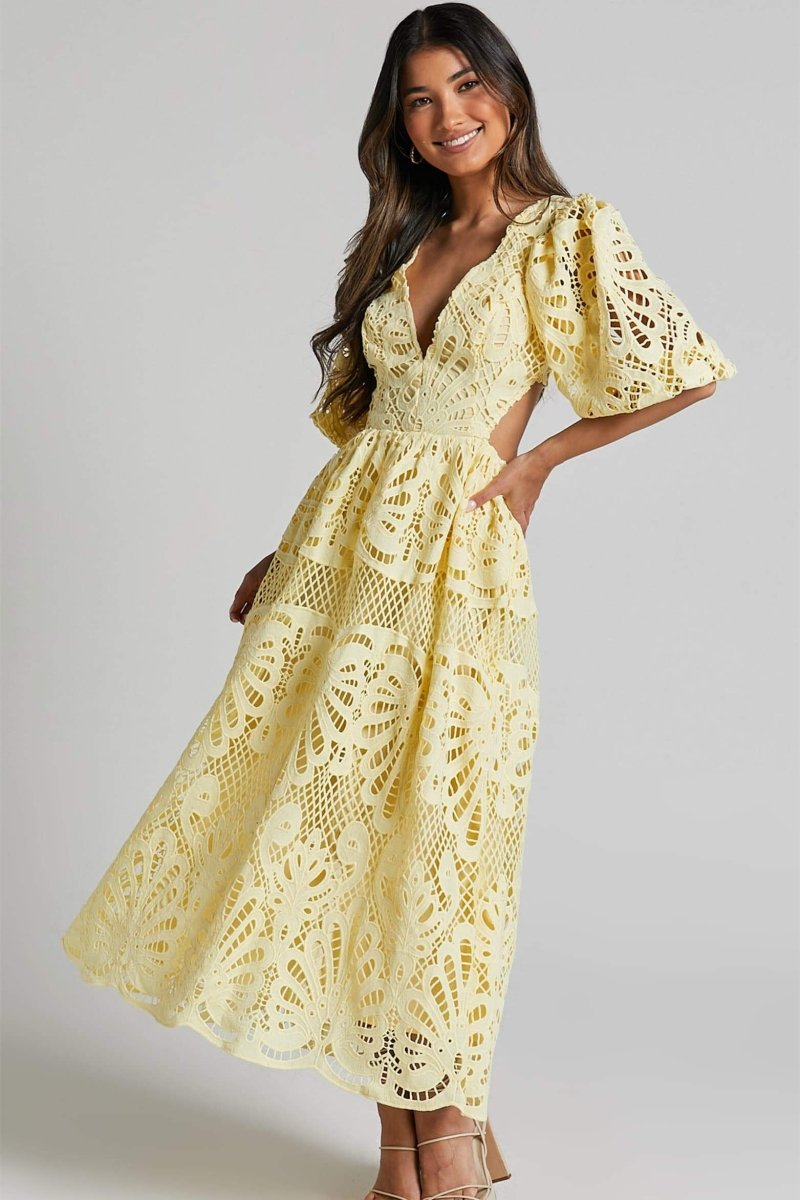 Deep V-Neck Puff Sleeve Eyelet Lace Cut Out Waist Maxi Dress - View 3
