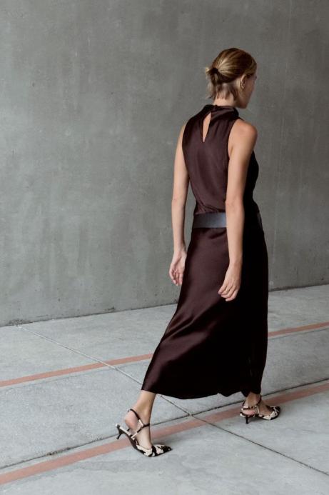 Satin Funnel Neck Sleeveless Bias Cut Slip Maxi Dress - View 3