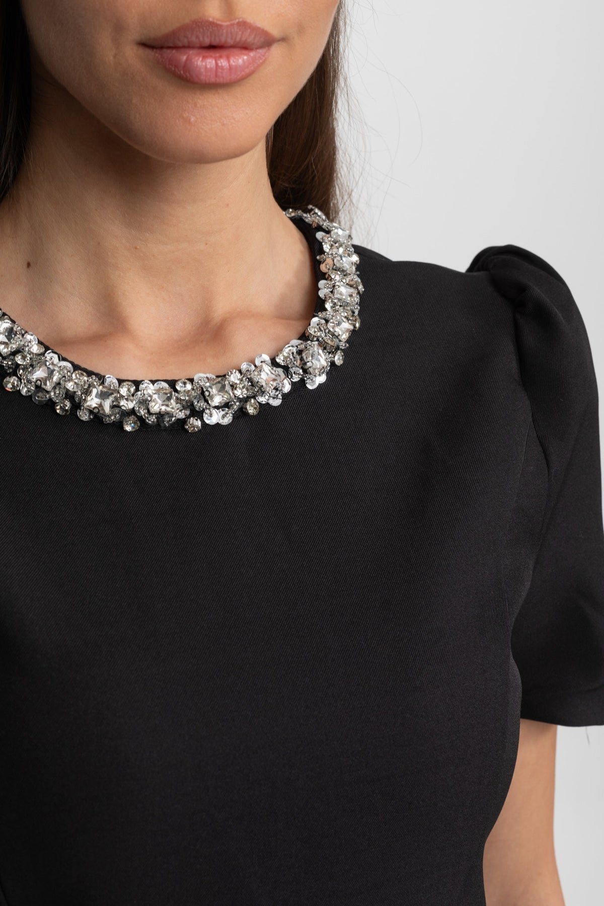 Rhinestone Collar Short Sleeve Puff Shoulder Mini Dress - View 4