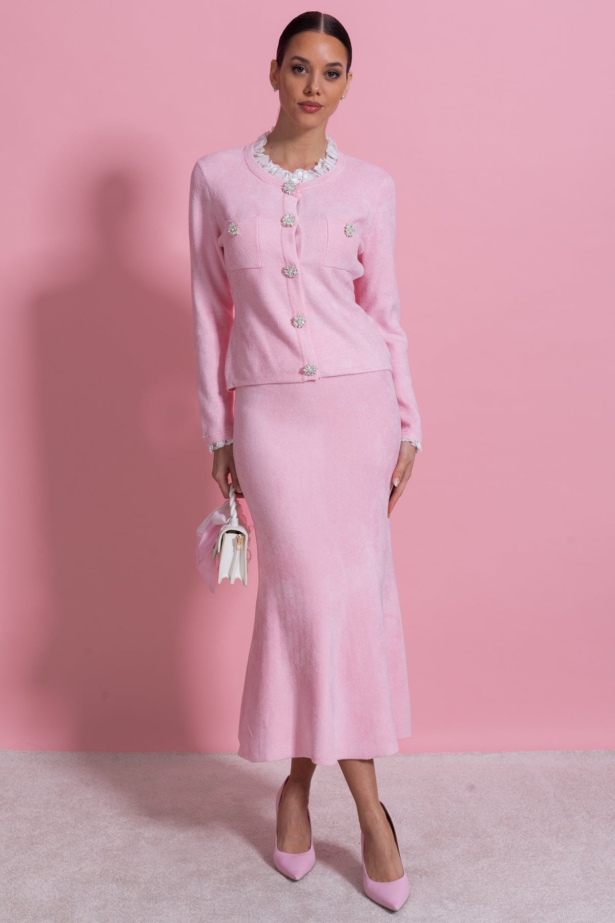 Long Sleeve Co-Ord With Fitted Knit Bodice And Crystal Button Detail - Blush Pink - View 10