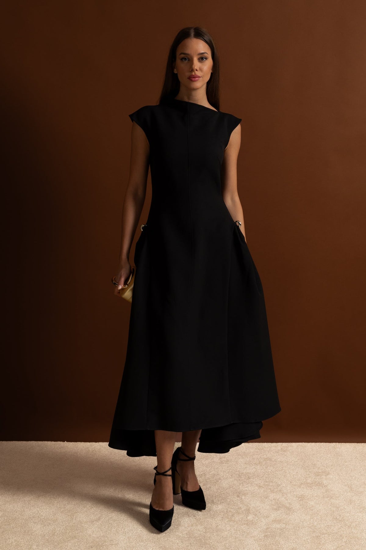 Sleeveless High Neck Metal Ring Hip Fold Sculptural High Low Midi Dress - View 11