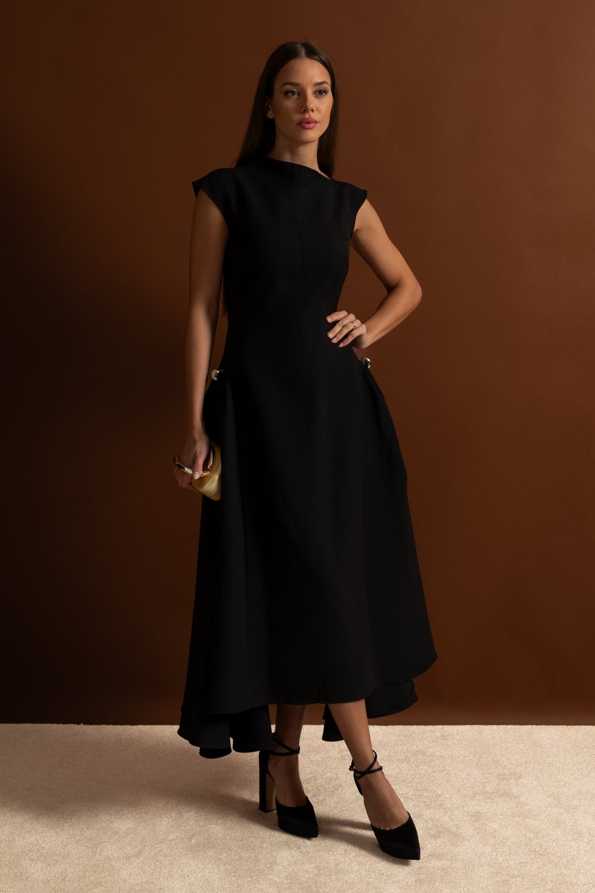 Sleeveless High Neck Metal Ring Hip Fold Sculptural High Low Midi Dress - View 13