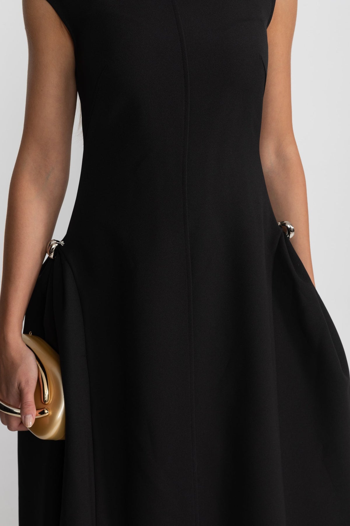 Sleeveless High Neck Metal Ring Hip Fold Sculptural High Low Midi Dress - View 7