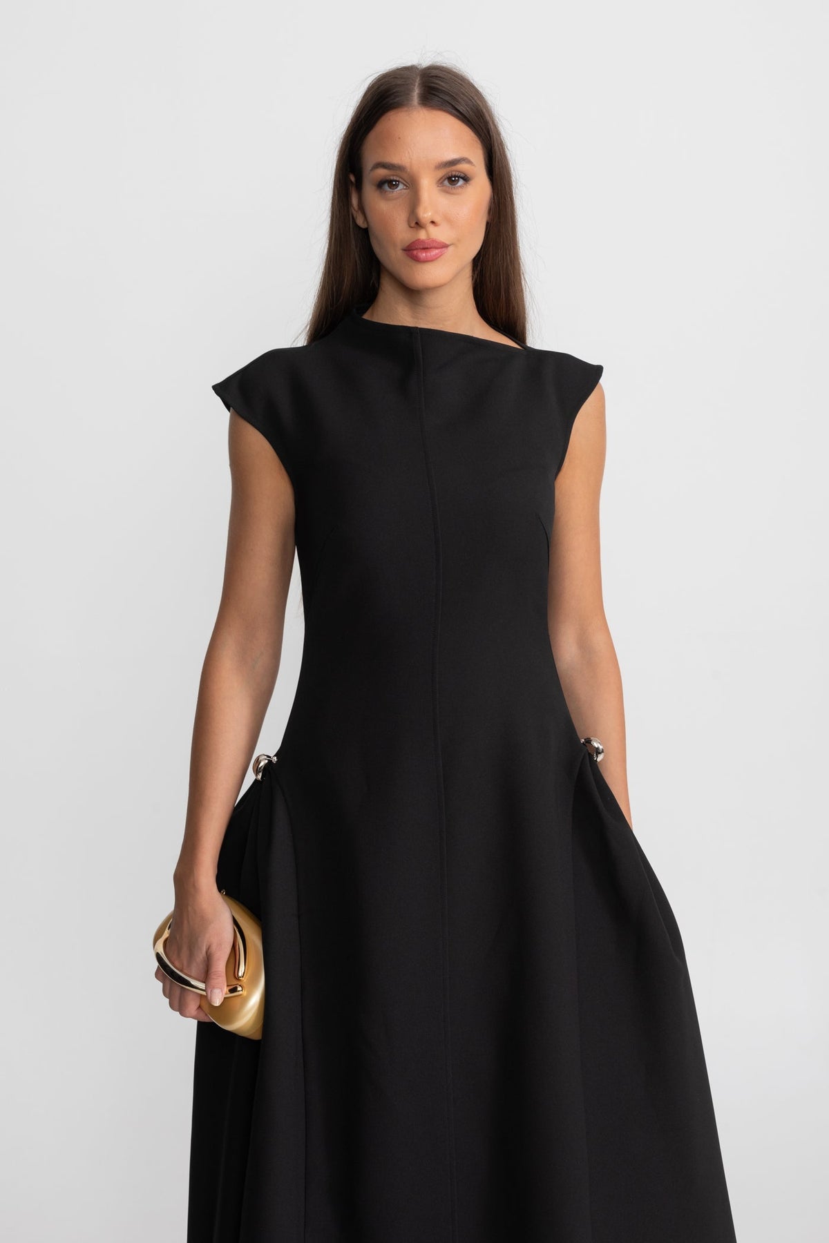 Sleeveless High Neck Metal Ring Hip Fold Sculptural High Low Midi Dress - View 4