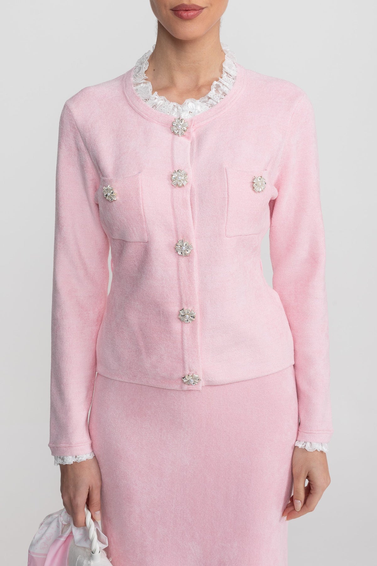 Long Sleeve Co-Ord With Fitted Knit Bodice And Crystal Button Detail - Blush Pink - View 11