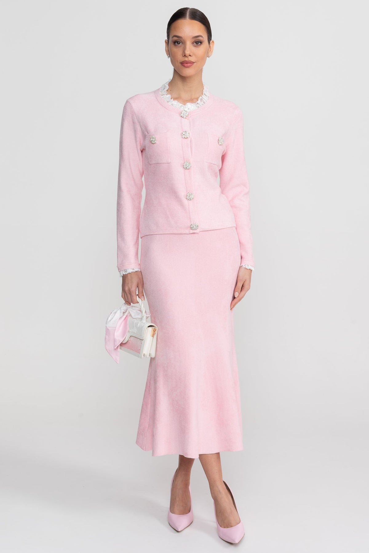 Long Sleeve Co-Ord With Fitted Knit Bodice And Crystal Button Detail - Blush Pink - View 6