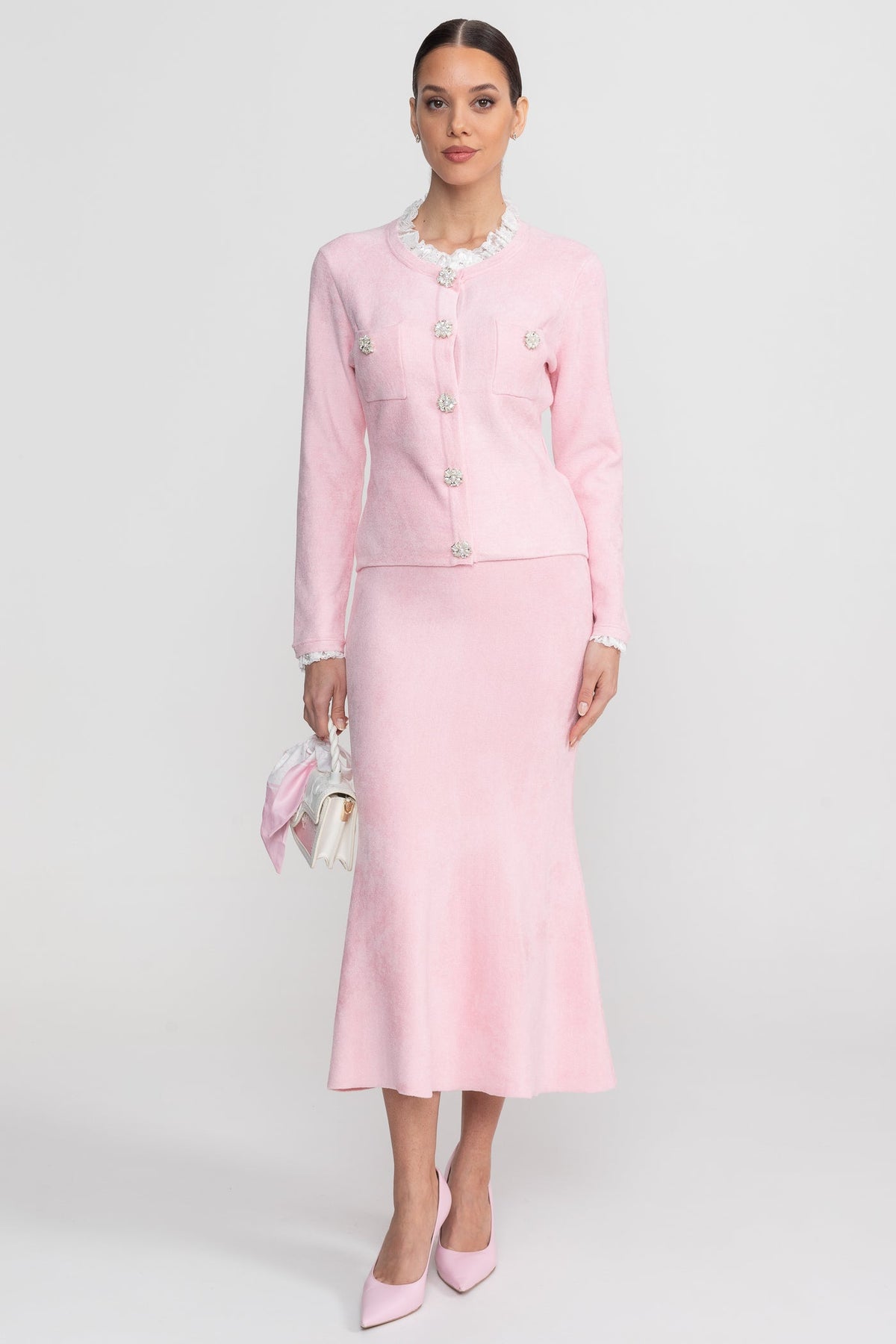 Long Sleeve Co-Ord With Fitted Knit Bodice And Crystal Button Detail - Blush Pink - View 9