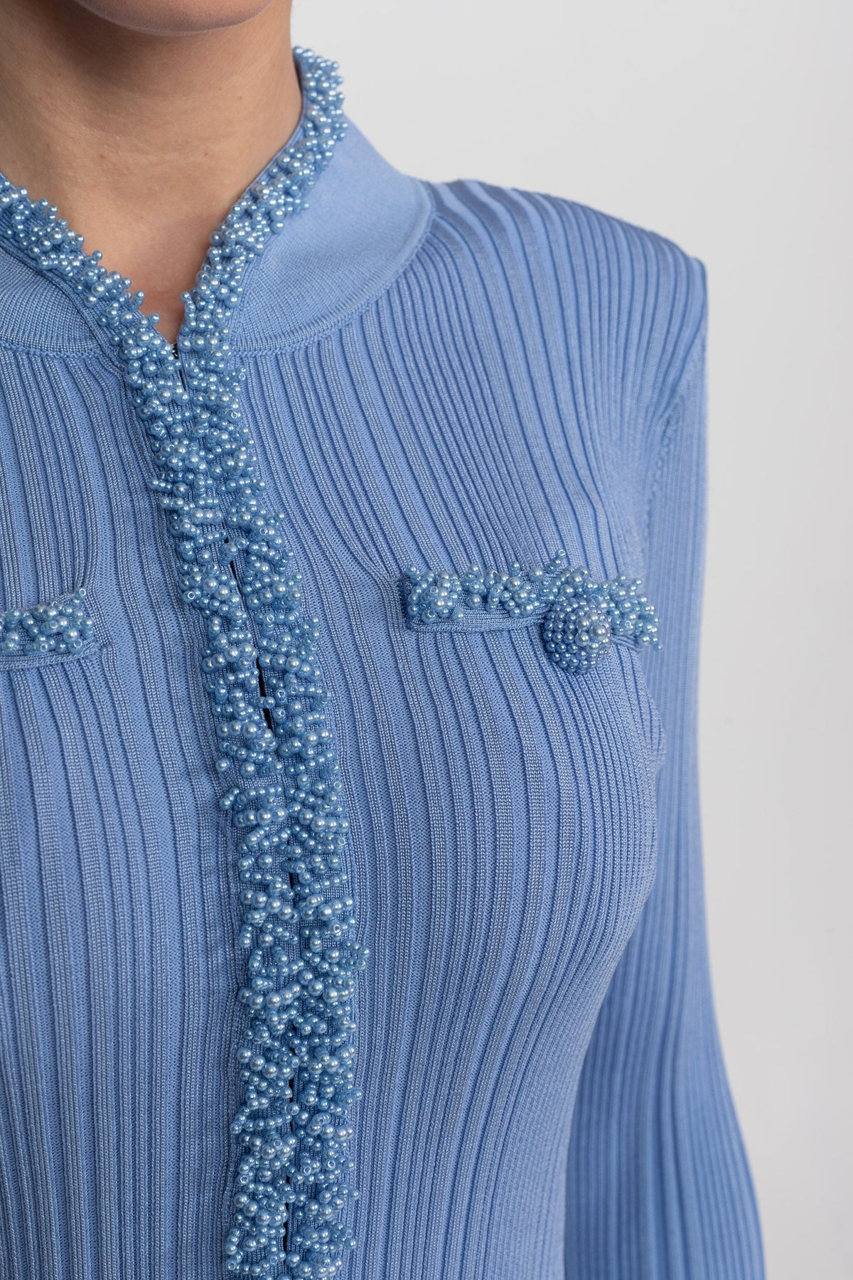 Ribbed Knit Mini Dress With Beaded Trim Detailing - Blue - View 5