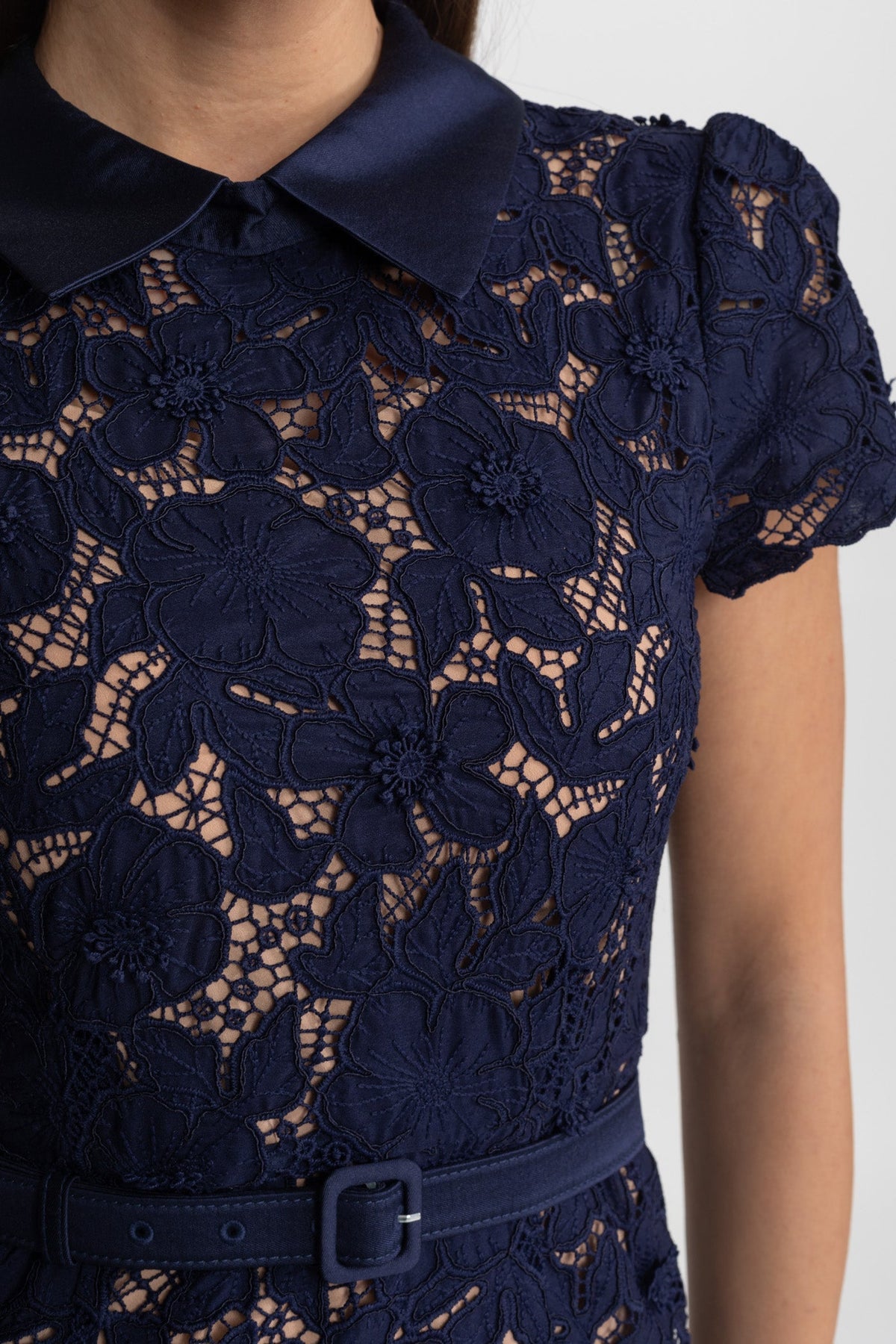 Lace Midi Dress with Belted Waist and Collared Neckline – Navy - View 8