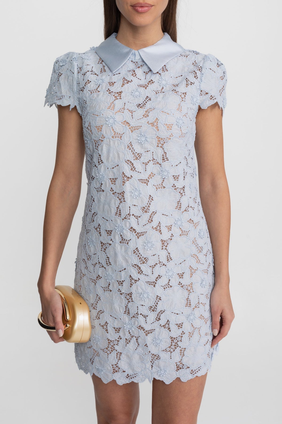 Floral Lace Mini Dress with Satin Collar – Light Blue - View 6