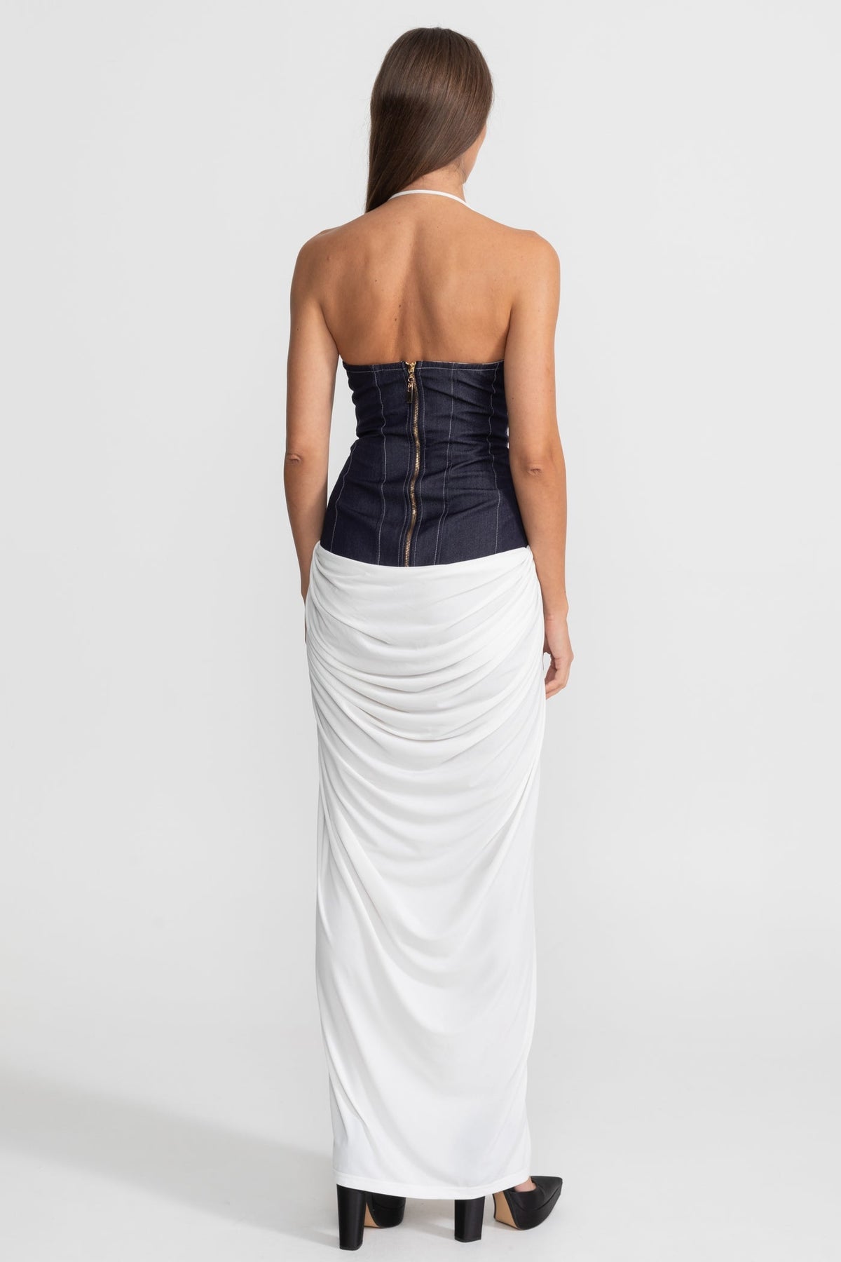 Halter Maxi Dress with Denim Corset Waist – White - View 2