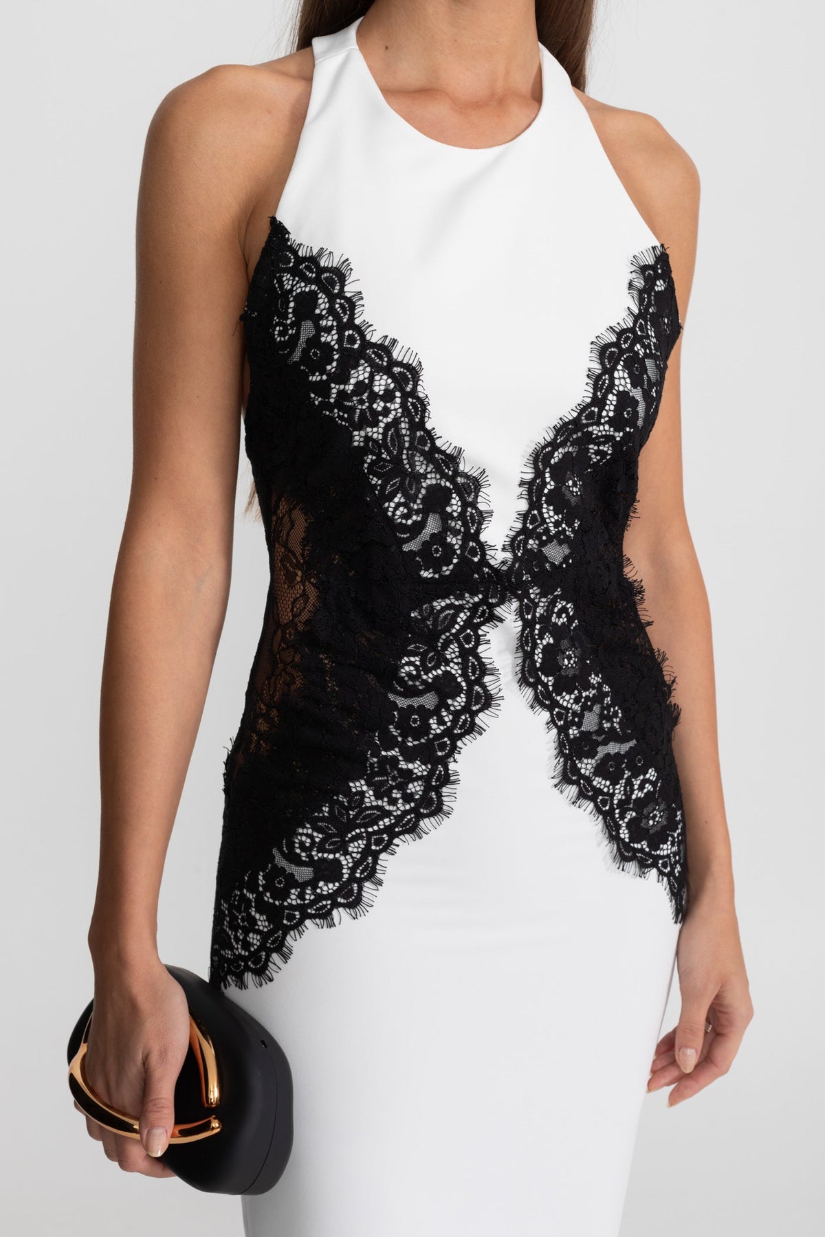 Halter Maxi Dress with Contrast Lace Panels – White - View 5