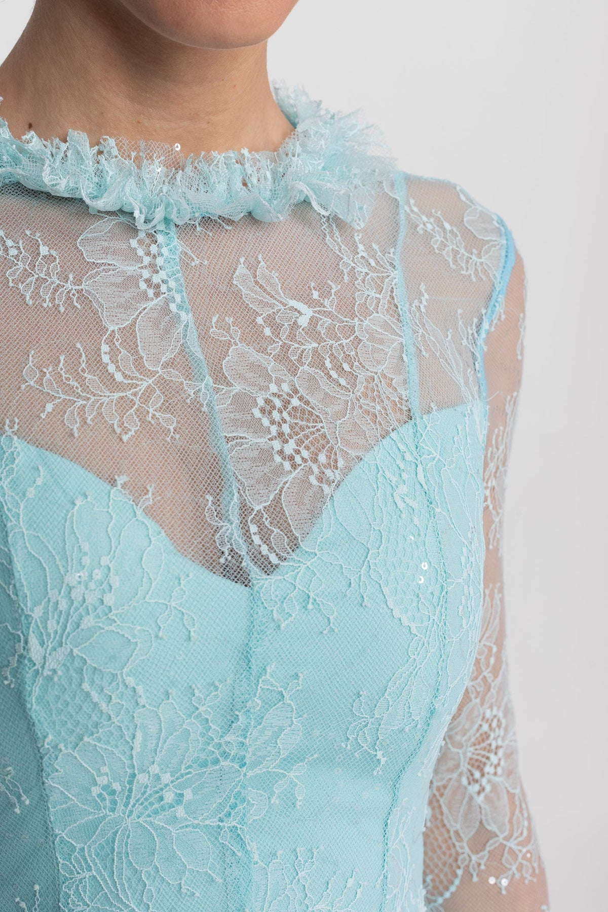Sheer Lace Long Sleeve Mini Dress With Ruffled Hem - Teal - View 4