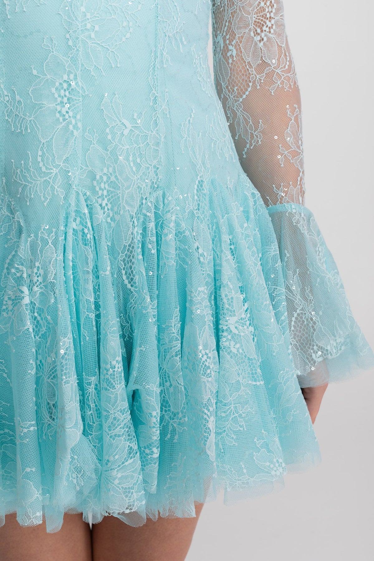Sheer Lace Long Sleeve Mini Dress With Ruffled Hem - Teal - View 5