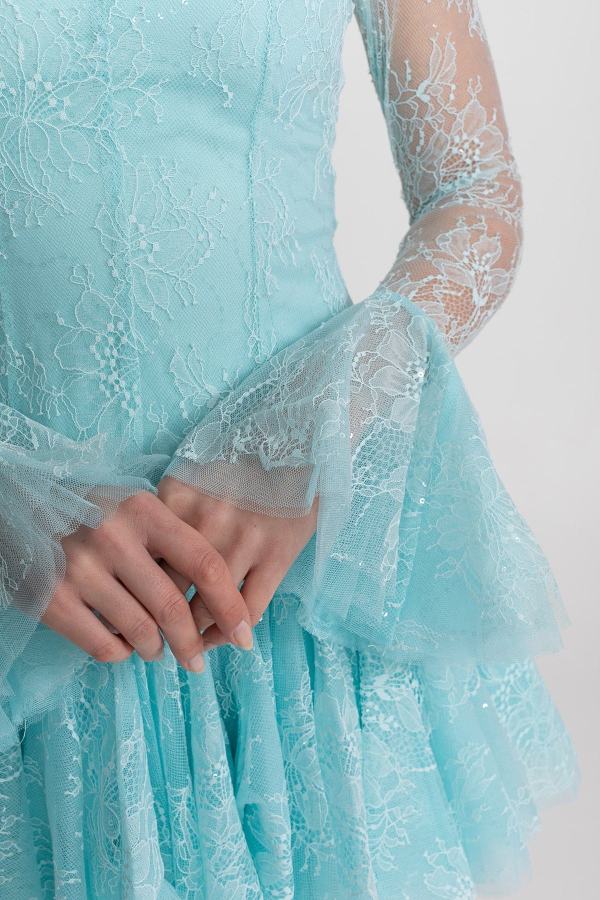 Sheer Lace Long Sleeve Mini Dress With Ruffled Hem - Teal - View 6