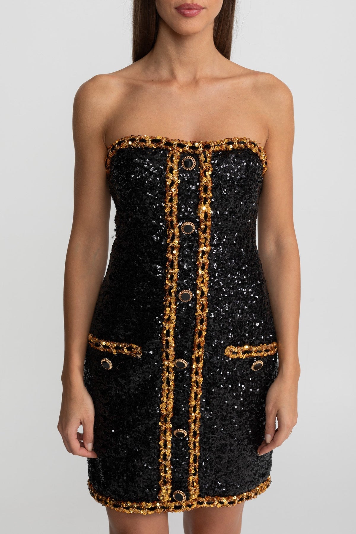 Strapless Sequin Mini Dress With Chain Trim Detailing – Black - View 4