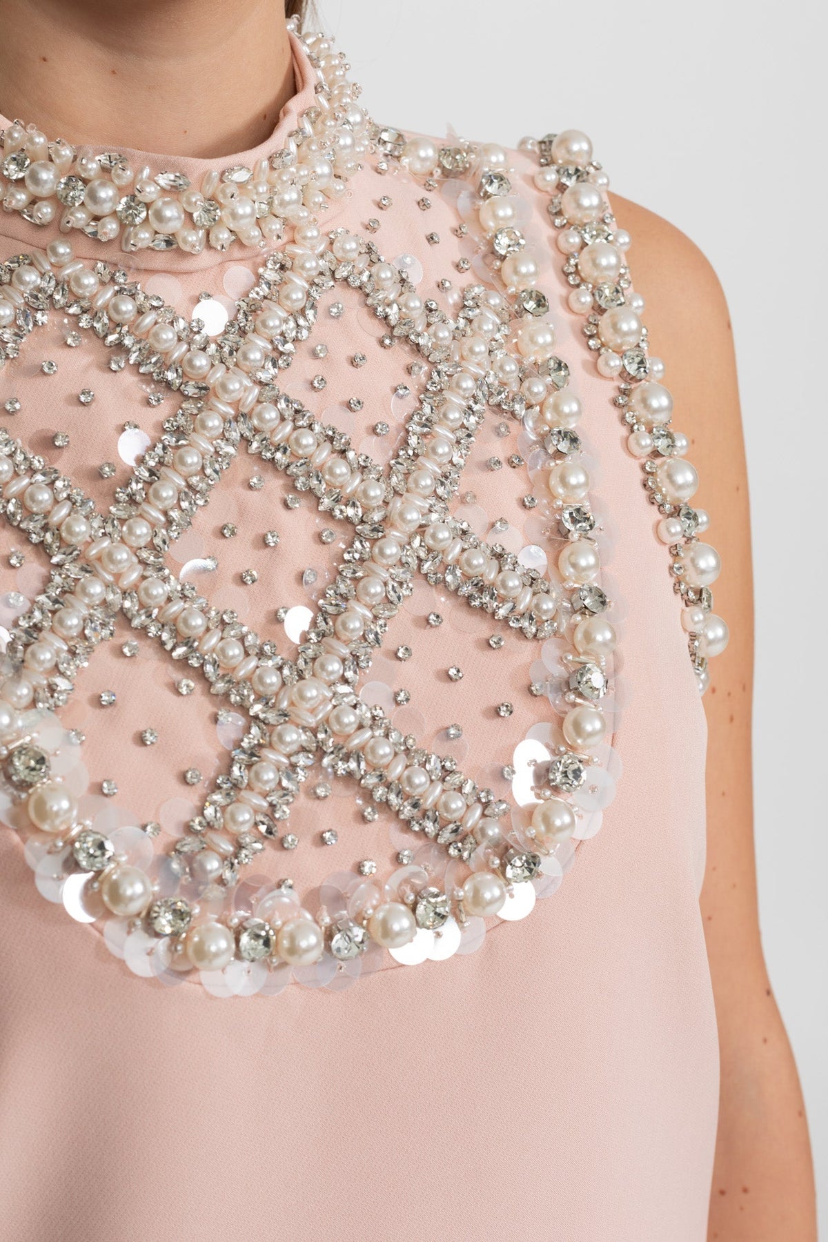 Pearl Embellished Sleeveless Shift Mini Dress High Neck Pearl Bib - View 4