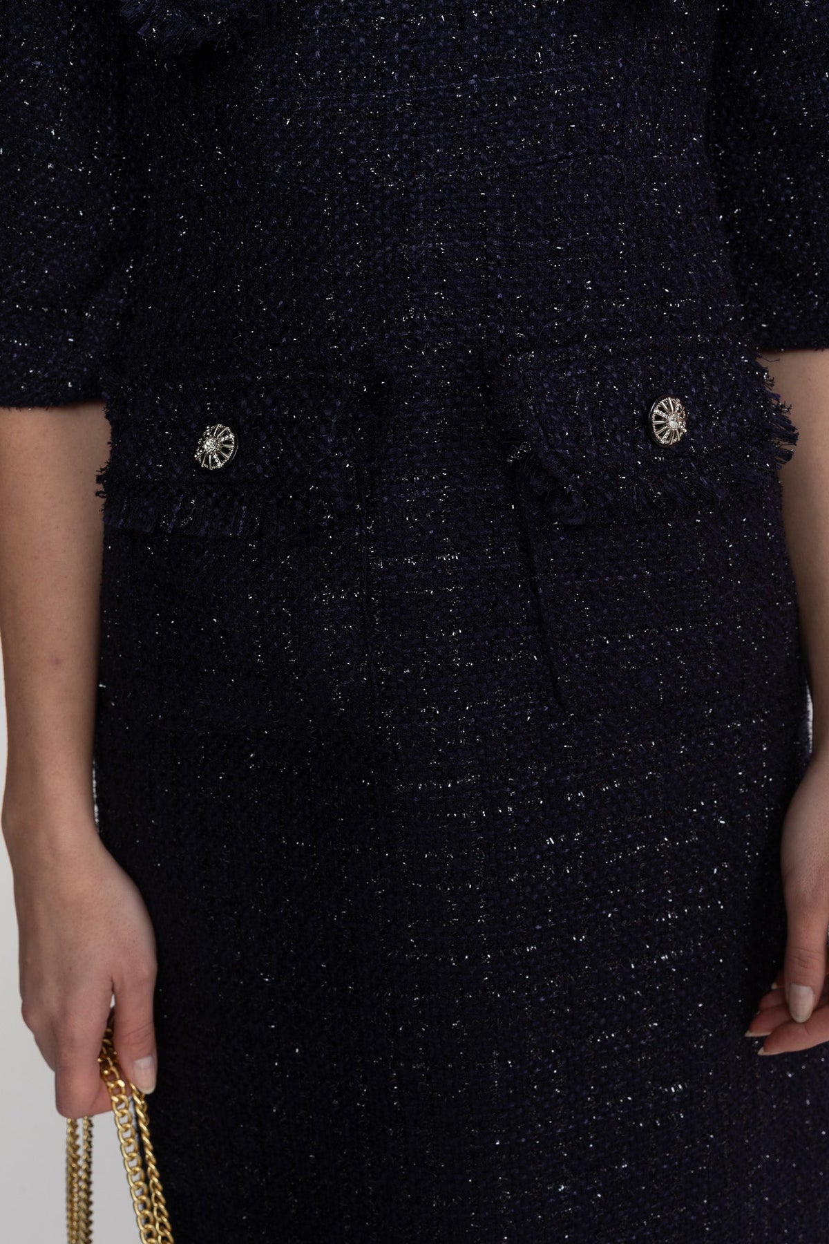 Tweed Pussy Bow Neck Puff Sleeve Pearl Button Patch Pocket Midi Dress - View 7