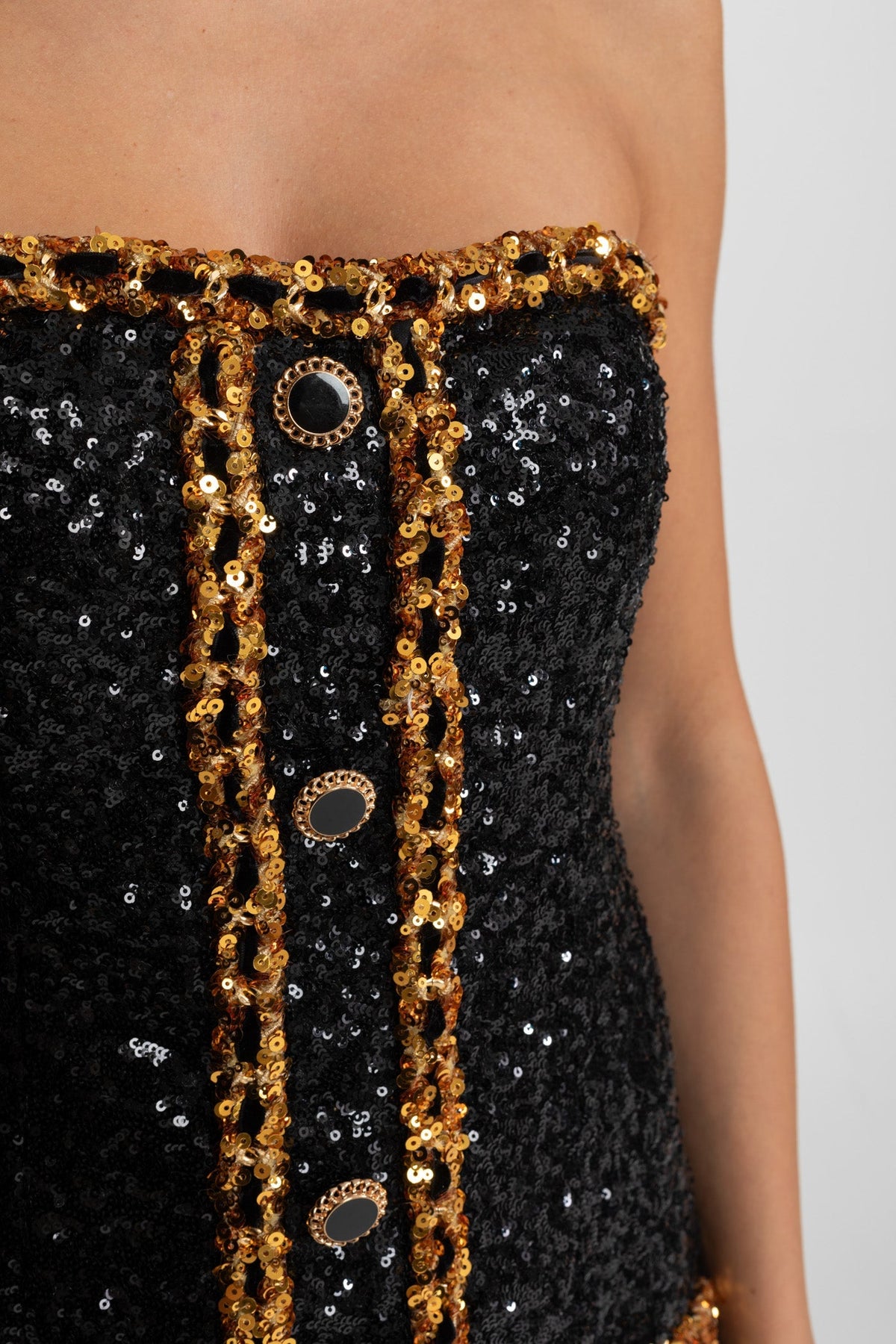 Strapless Sequin Mini Dress With Chain Trim Detailing – Black - View 3