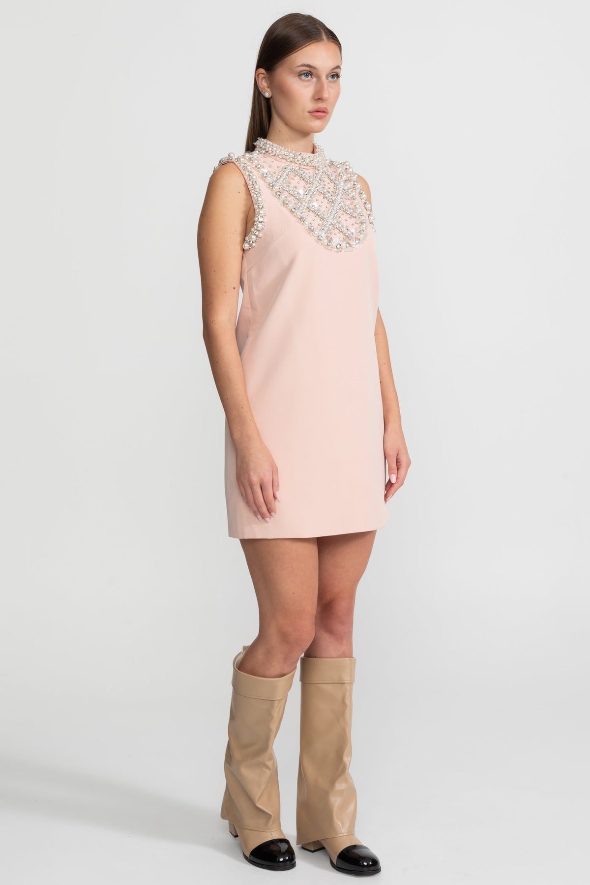 Pearl Embellished Sleeveless Shift Mini Dress High Neck Pearl Bib - View 5