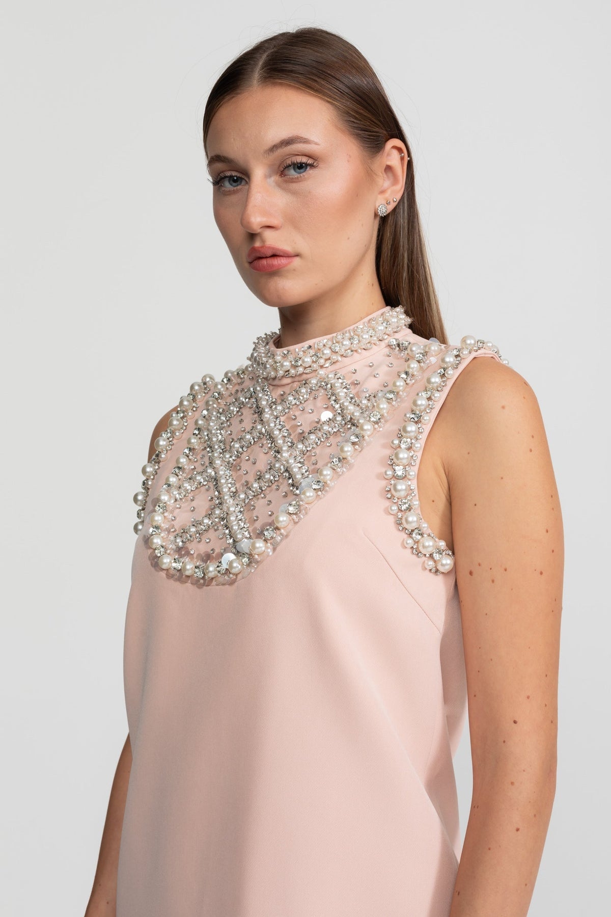 Pearl Embellished Sleeveless Shift Mini Dress High Neck Pearl Bib - View 7
