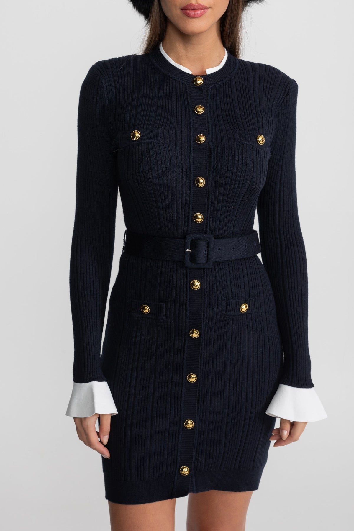 Ribbed Knit Mini Dress with Gold Button Fastening - Dark Blue - View 4