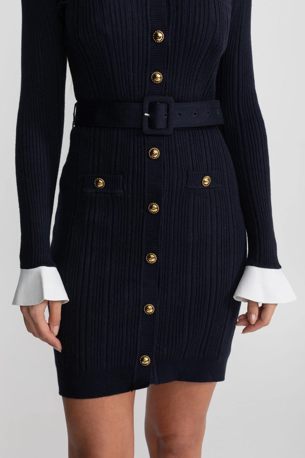 Ribbed Knit Mini Dress with Gold Button Fastening - Dark Blue - View 5