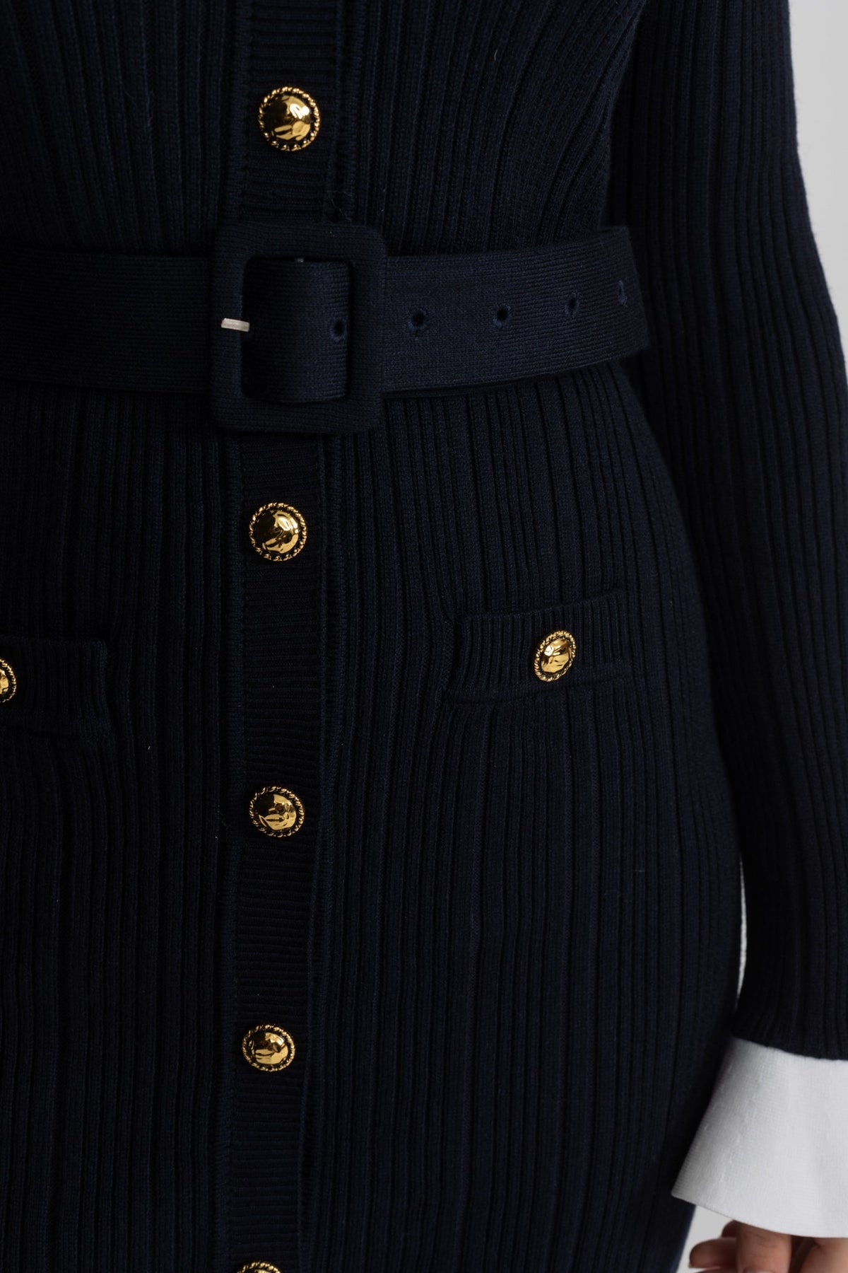 Ribbed Knit Mini Dress with Gold Button Fastening - Dark Blue - View 6