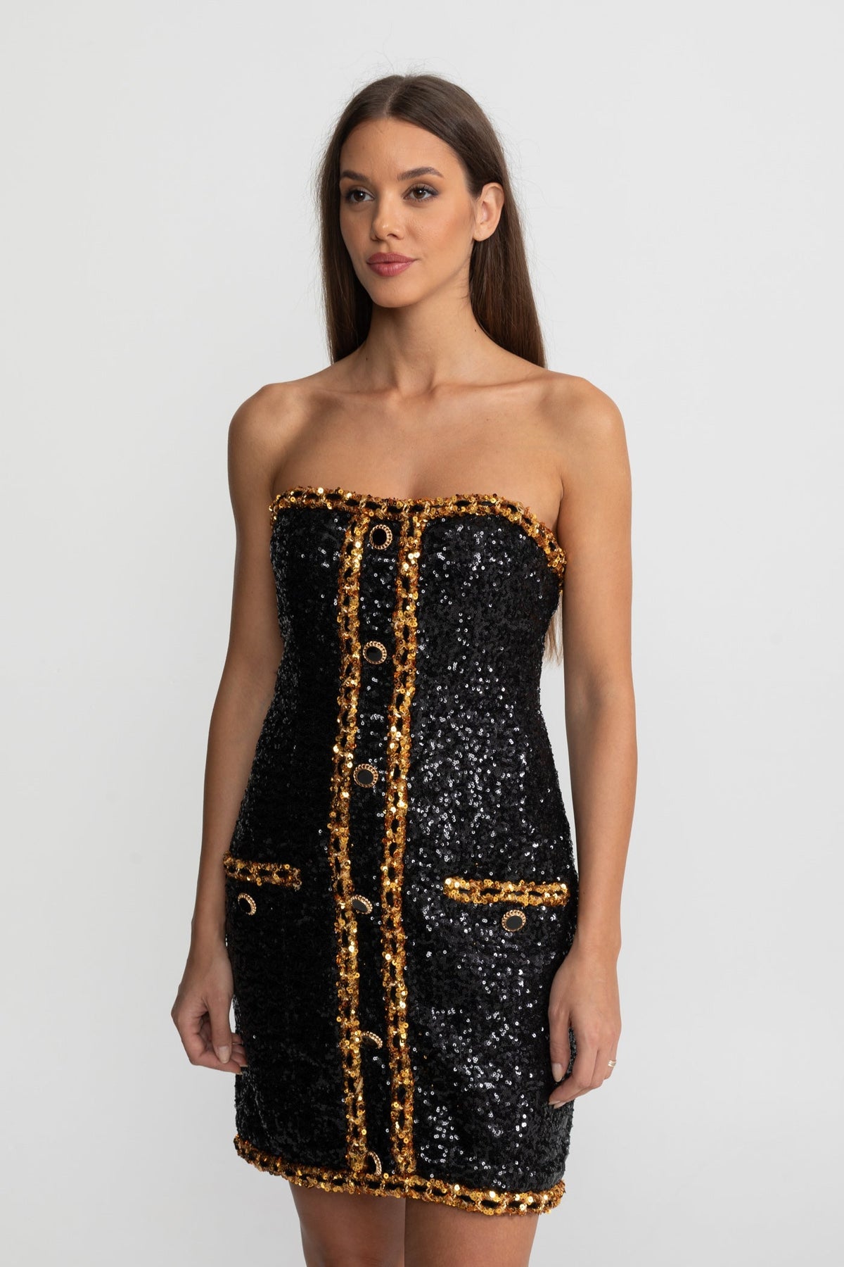 Strapless Sequin Mini Dress With Chain Trim Detailing – Black - View 6