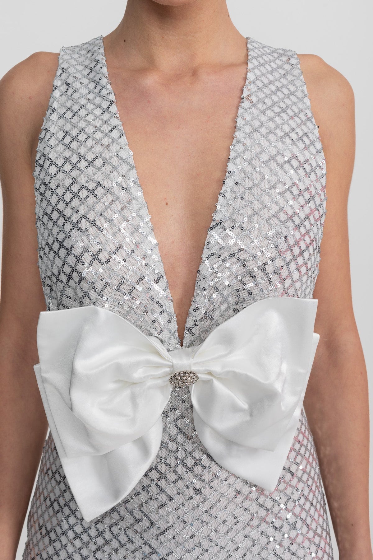Sequin Maxi Dress With Satin Bow Detail - Light Grey - View 6