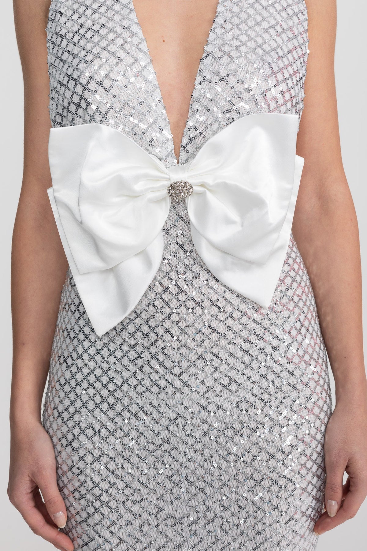Sequin Maxi Dress With Satin Bow Detail - Light Grey - View 7