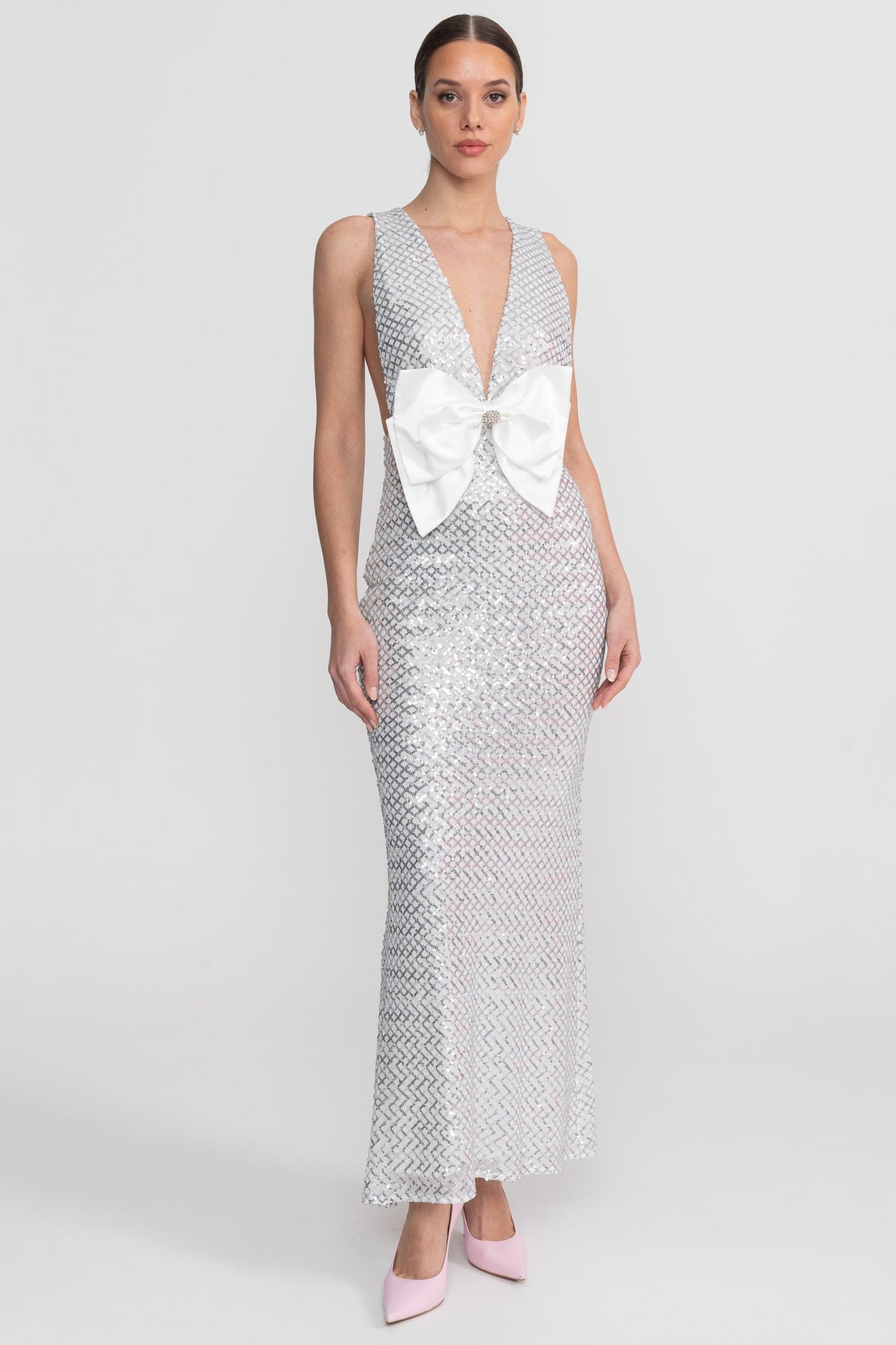 Sequin Maxi Dress With Satin Bow Detail - Light Grey - View 4