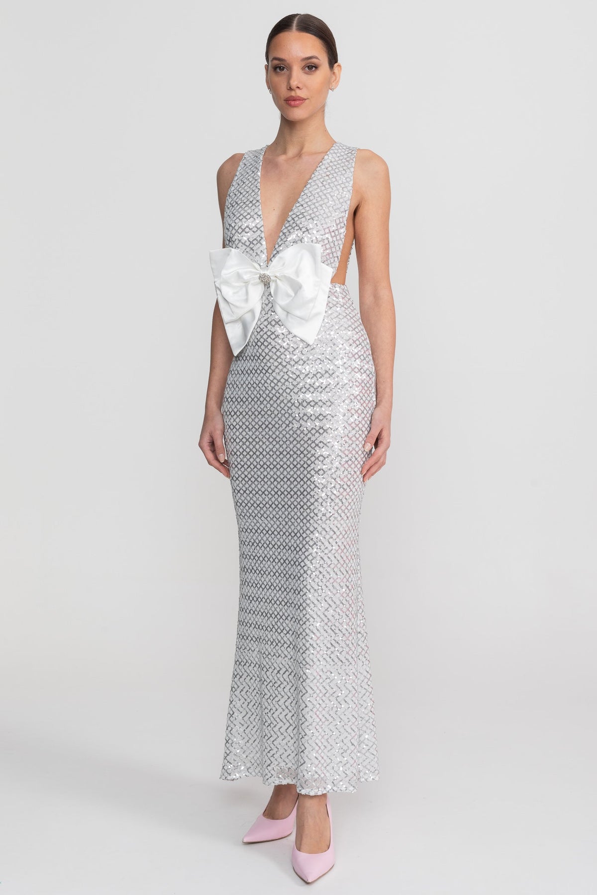 Sequin Maxi Dress With Satin Bow Detail - Light Grey - View 3