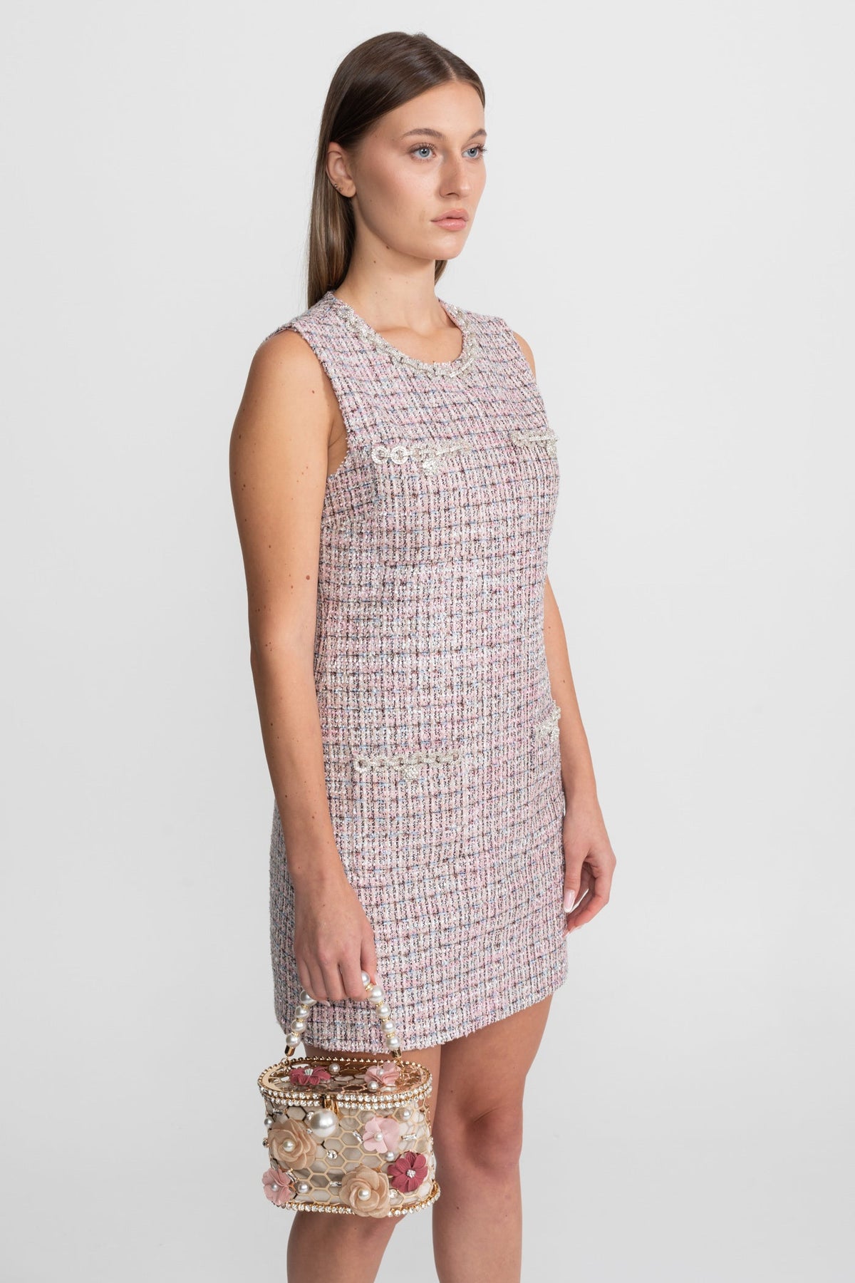 Sleeveless Tweed Pearl Trim Neckline Patch Pocket Shift Mini Dress - View 7