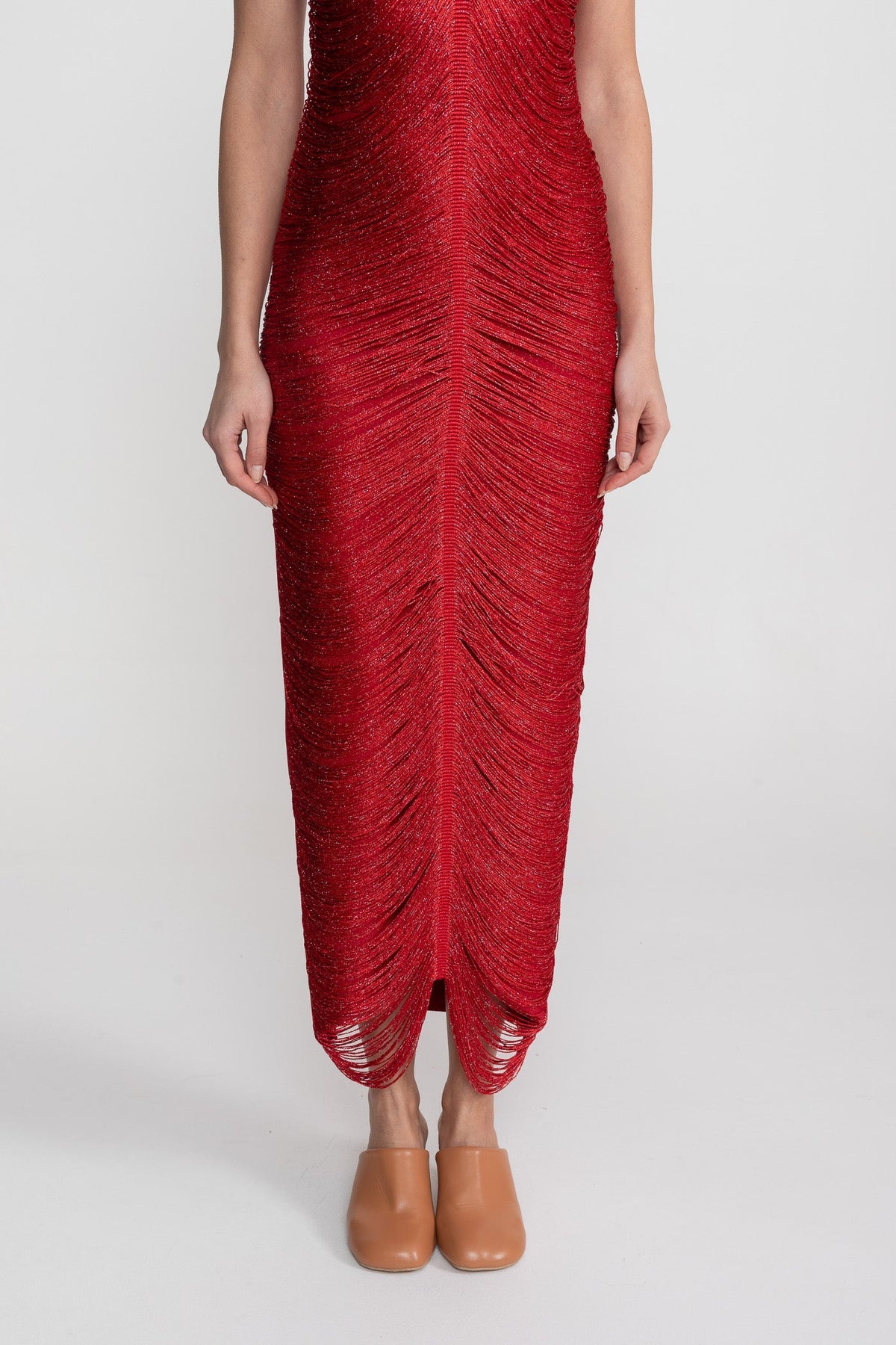 Halter Neck Midi Dress With All-Over Pleated Texture - Red - View 7