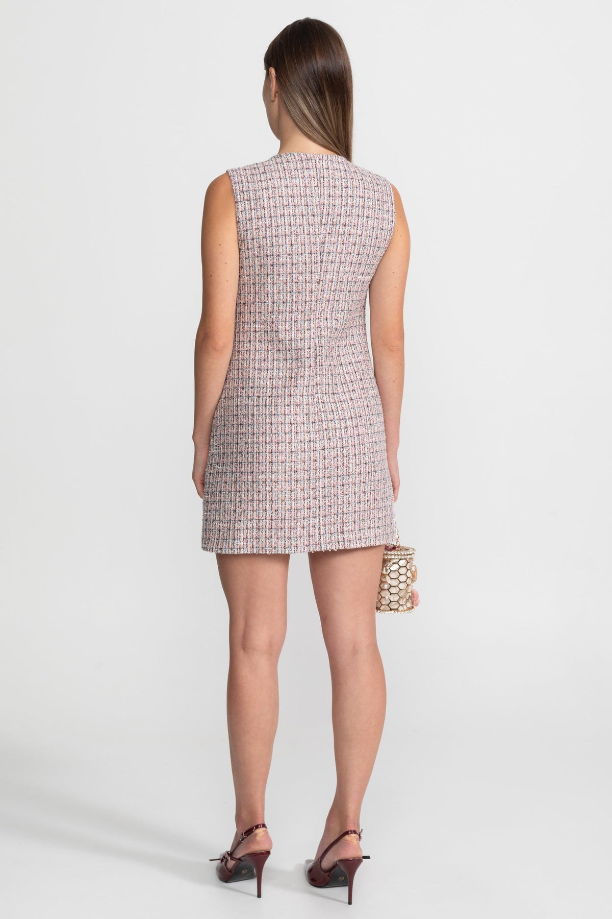 Sleeveless Tweed Pearl Trim Neckline Patch Pocket Shift Mini Dress - View 8