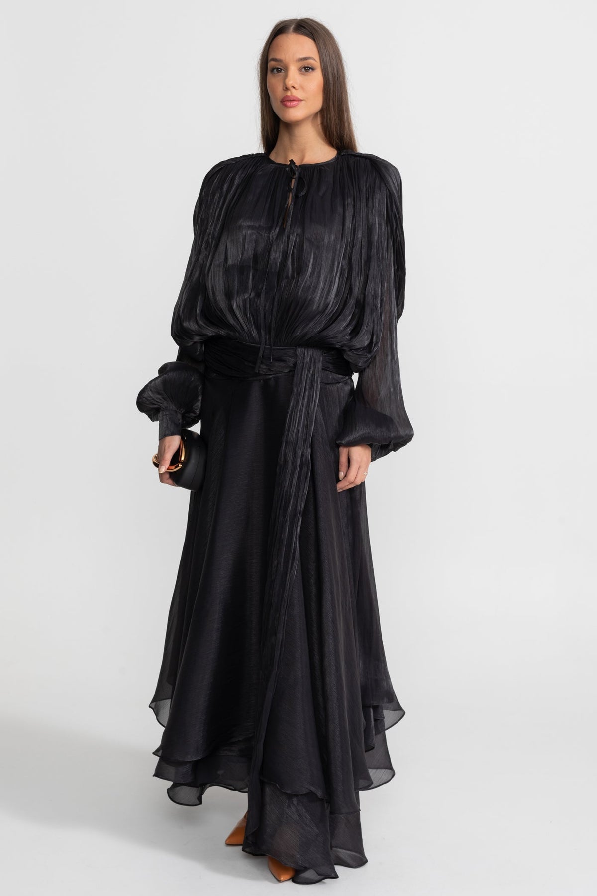 Pleated High Neck Tie Bishop Sleeve Sash Waist Tiered Ruffle Maxi Gown - View 2