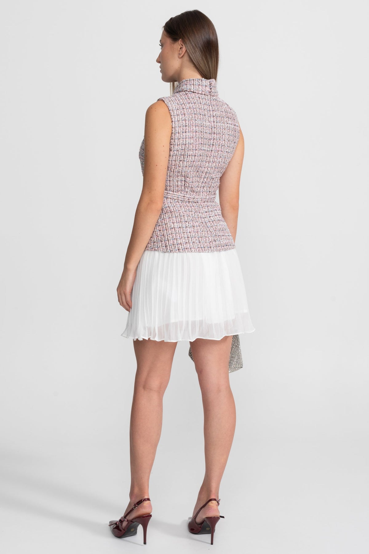 Tweed Mini Dress Collar Rhinestone Bow Belt Pleated Skirt - View 6