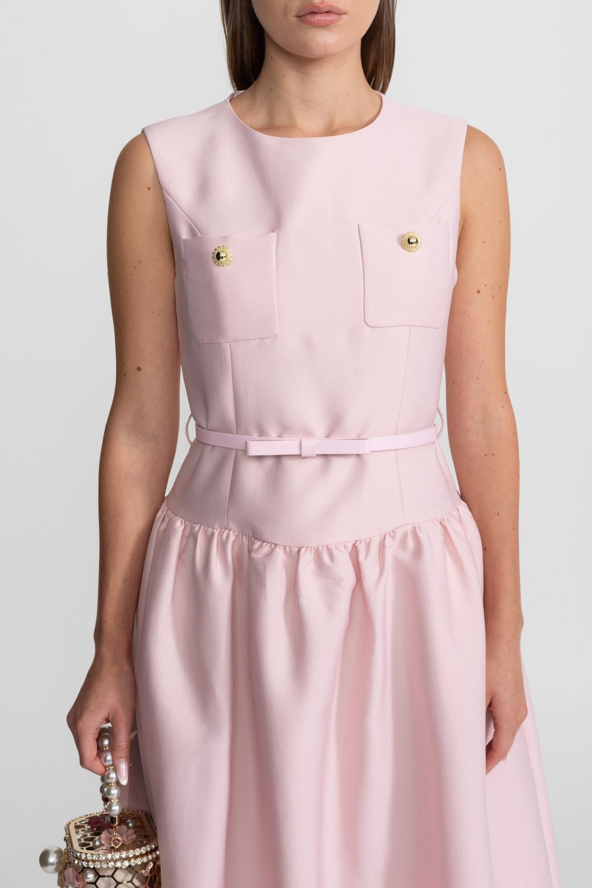 Sleeveless Patch Pocket Metallic Button Belted Bow Midi Dress - View 4