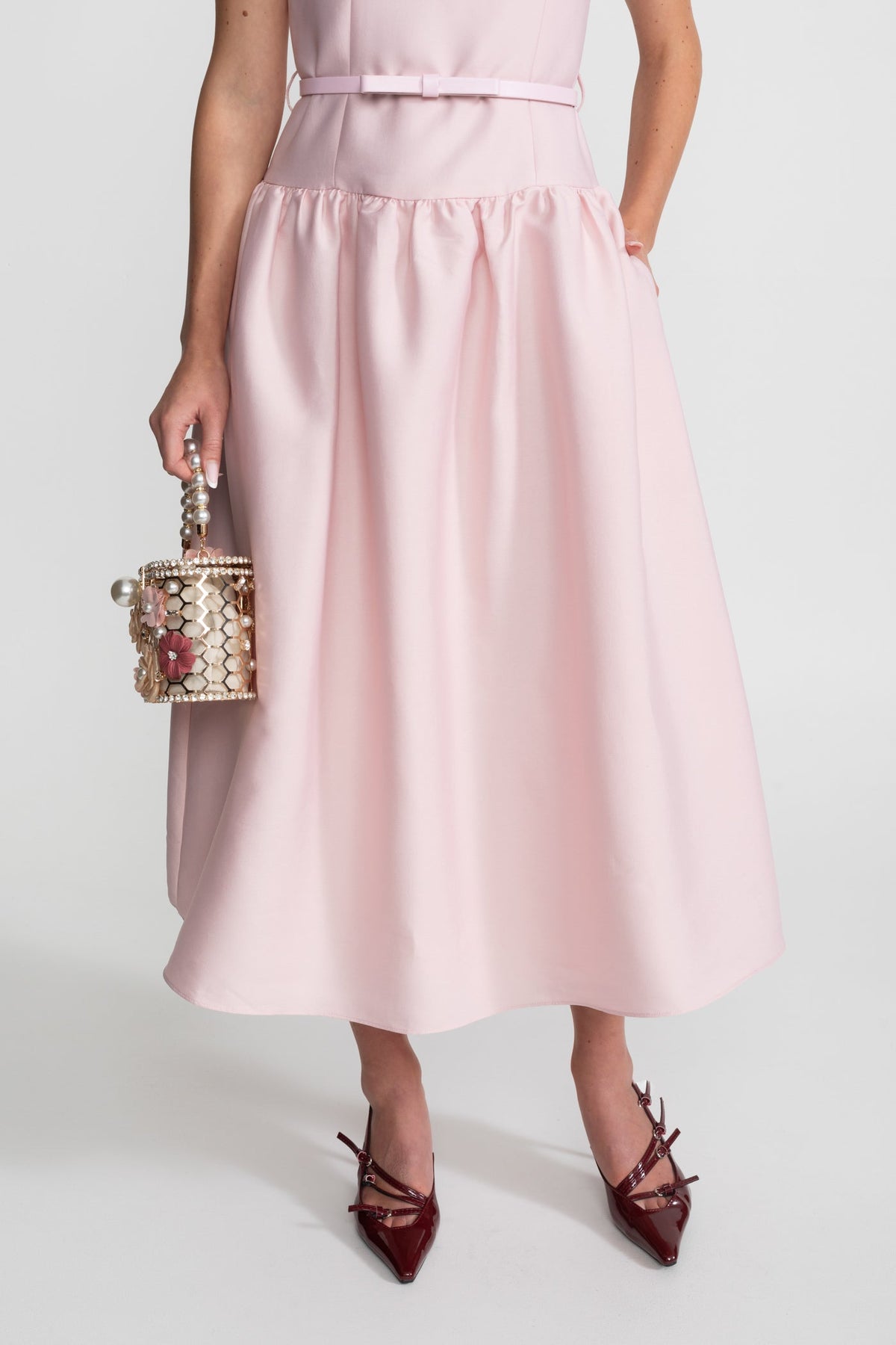 Sleeveless Patch Pocket Metallic Button Belted Bow Midi Dress - View 6