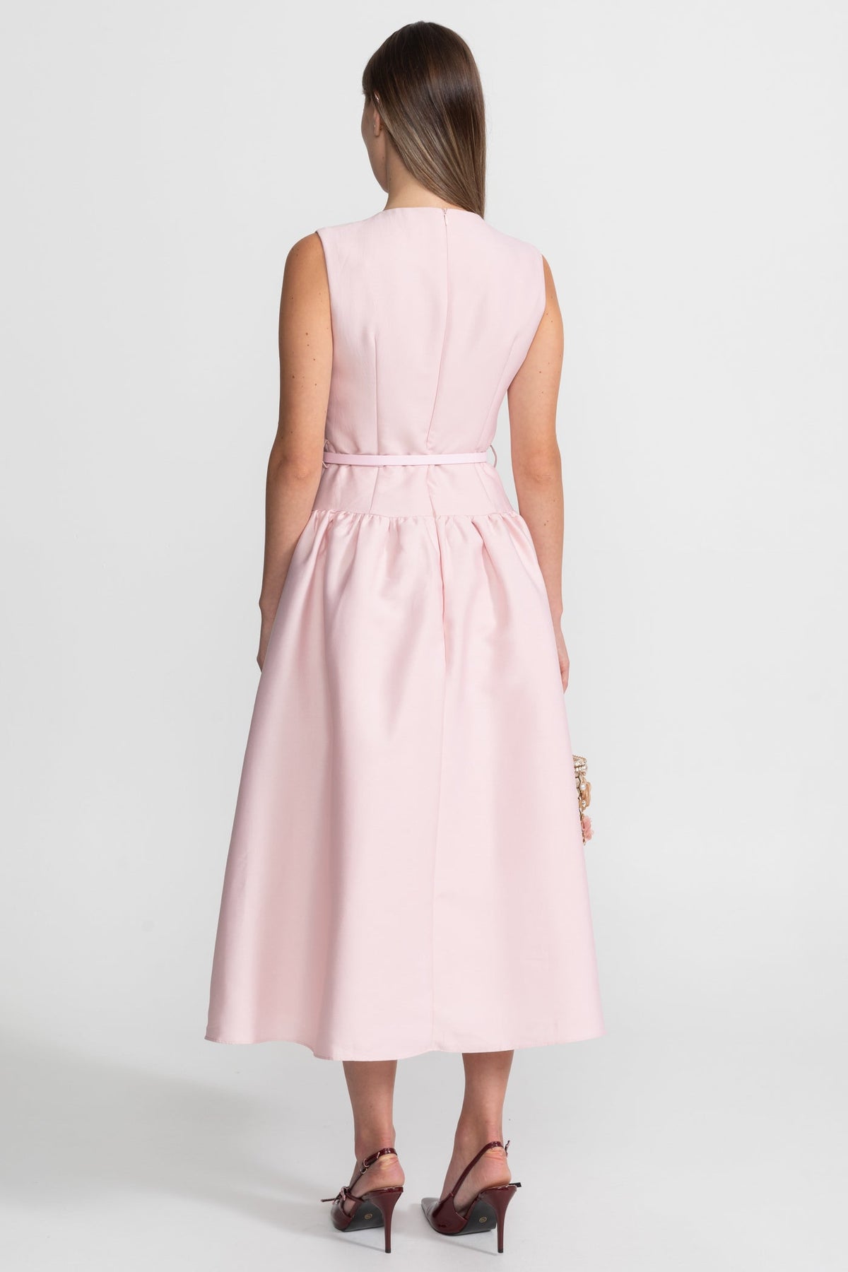 Sleeveless Patch Pocket Metallic Button Belted Bow Midi Dress - View 7